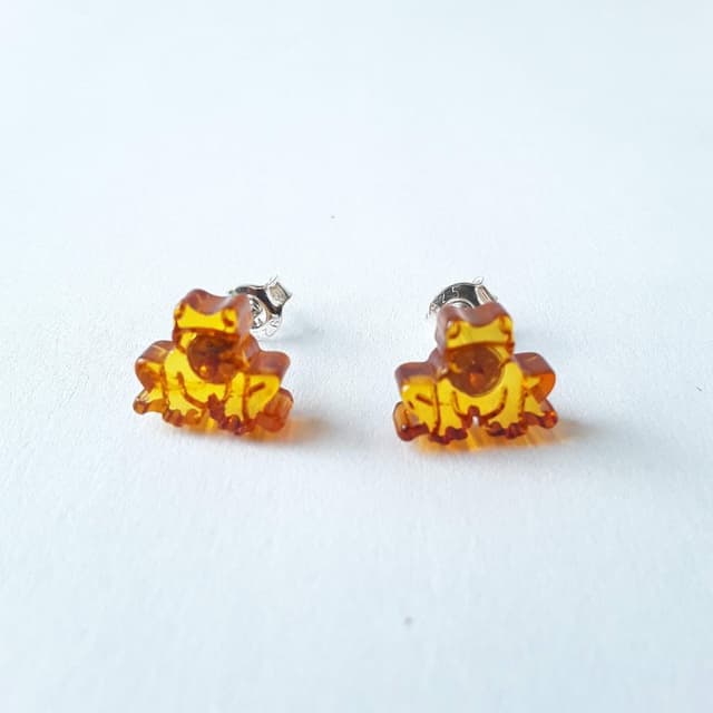 Baltic amber frog and 925 sterling silver stud earrings Brown gem silver studs