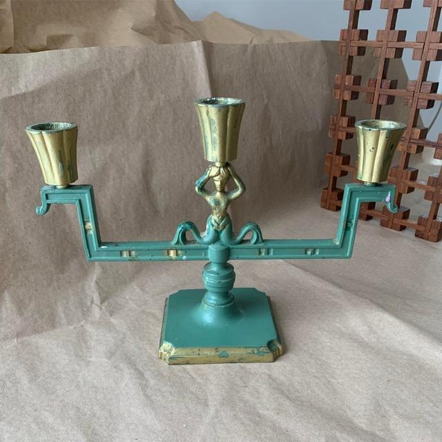 ART DECO KANDELABER Stjärnmetall metall 1900 guld celadon grön Sverige antik