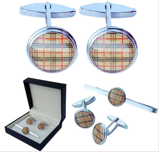 Burberry House Check Cufflinks  Tie Clip NEW Vintage 90s + Burberrys Box