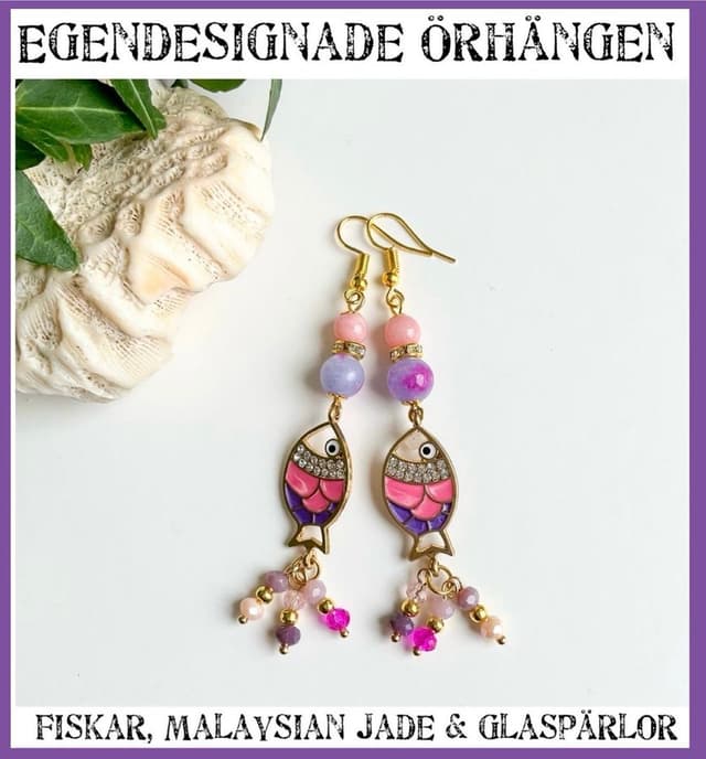 Unika Egendesignade Örhängen Fiskar Lila Rosa Jade Pärlor Rhinestone Nya