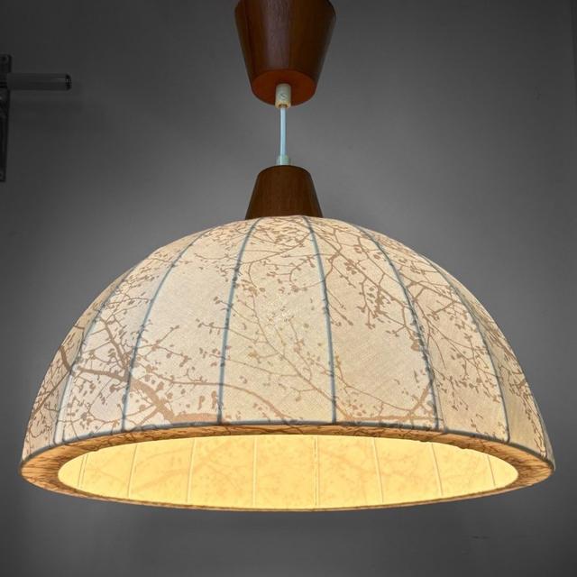 Retro taklampa teak 1950-tal lampa design textilskärm 50-tal 60-tal vintage